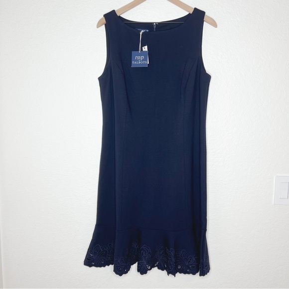 Talbots RSVP Embroidered Flounce Sheath Dress Navy Ponte Sleeveless size 12 NEW - Picture 3 of 10